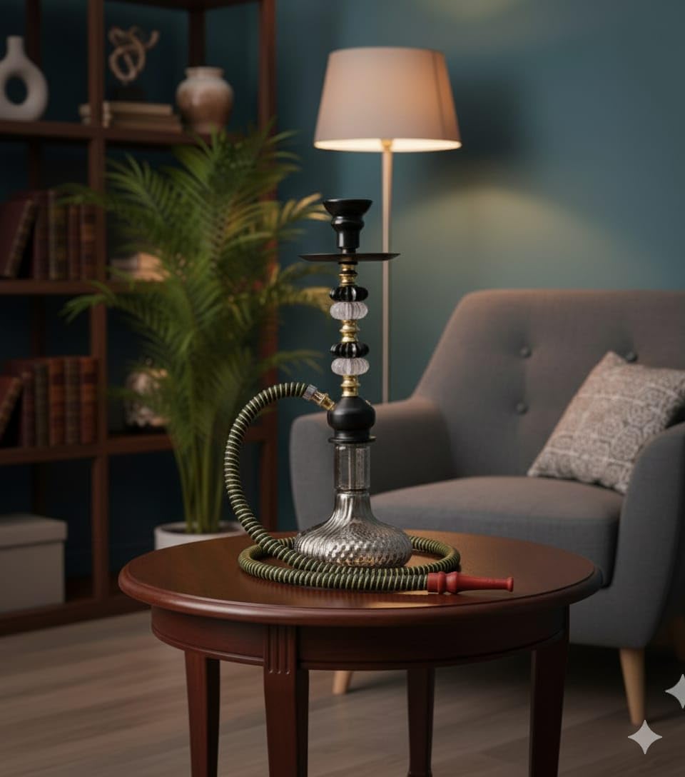Russian Shaped Hookah, Black Floral Stem, 14 Inch