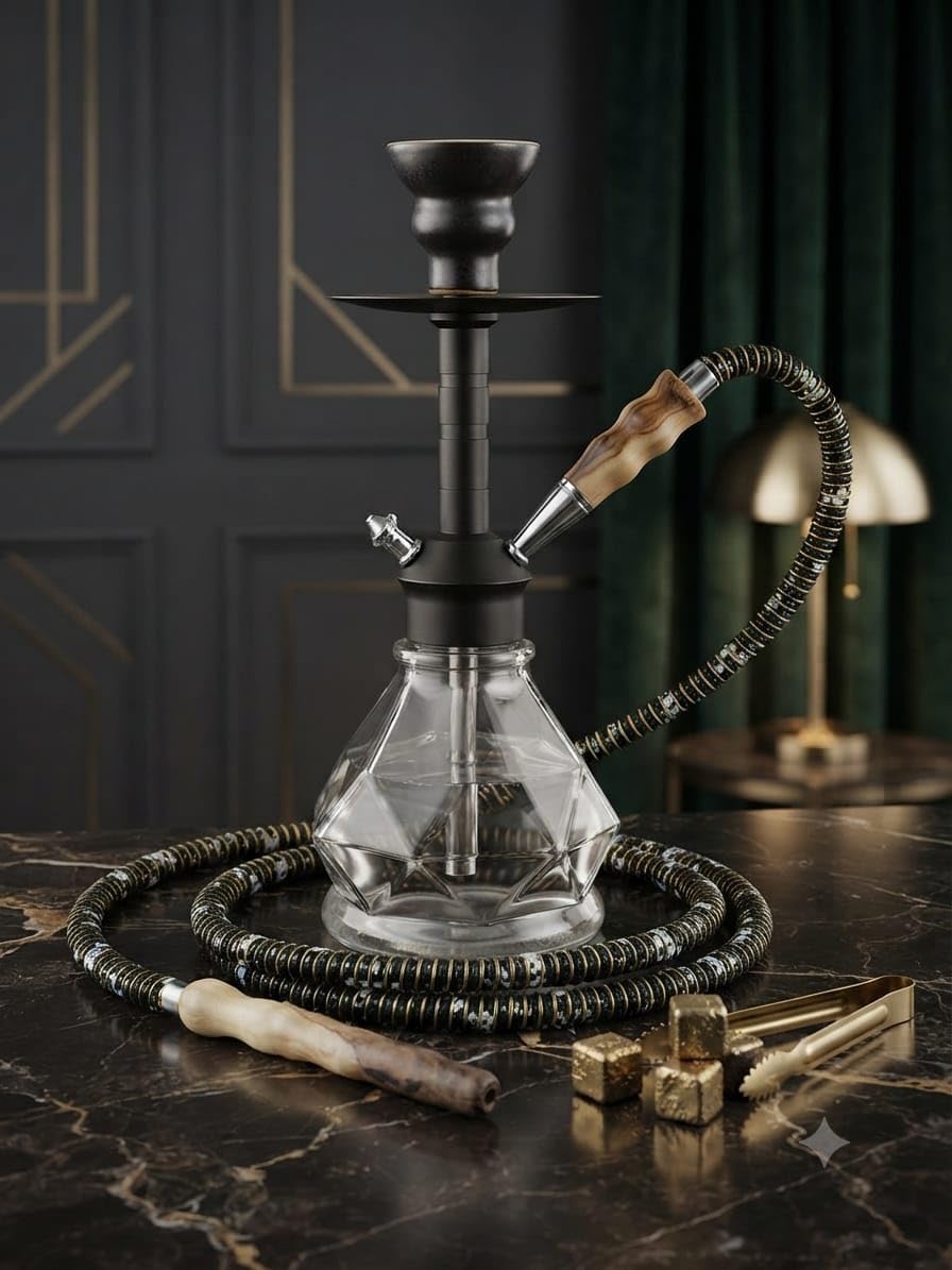 Geometric Diamond Glass Hookah, Wood-Grip Hose