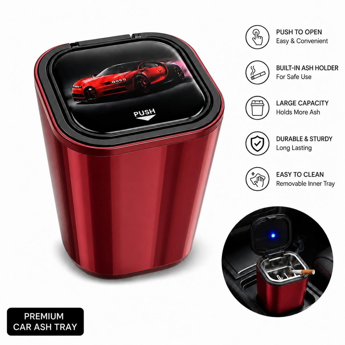 Car Ashtray with Push-Button Lid, Red
