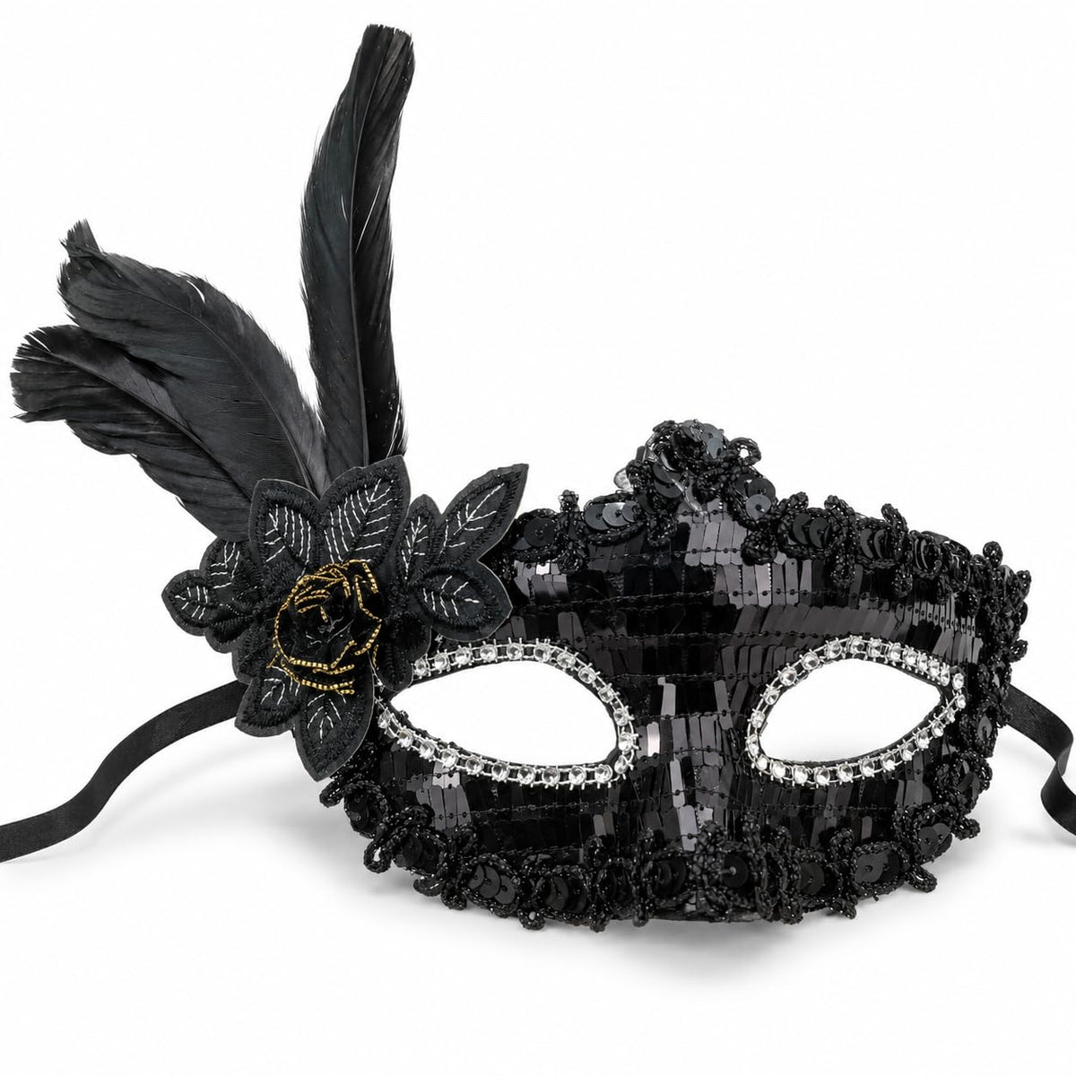 Black Sequin Masquerade Mask with Feather