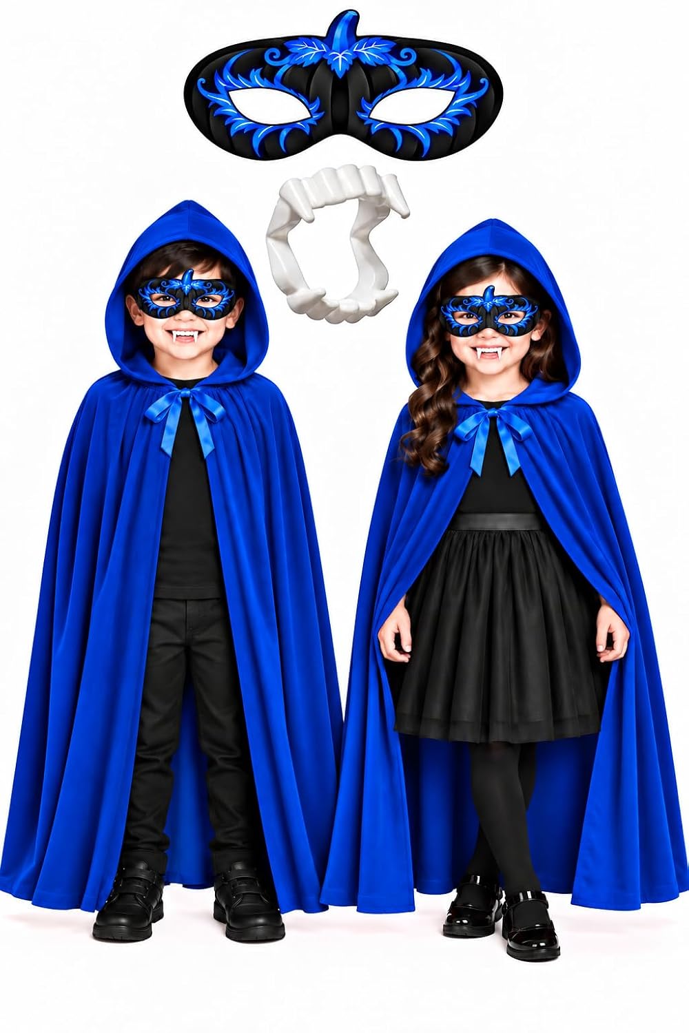 Kids Hooded Cape with Eye Mask and Fangs, Blue