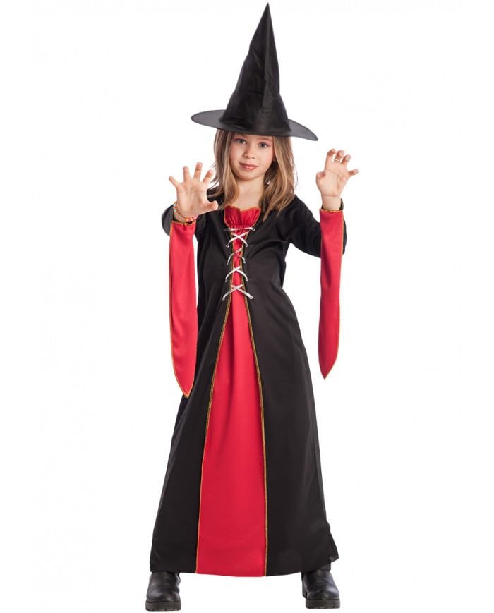 Girls Red and Black Witch Gown with Hood, Lace-Up Front