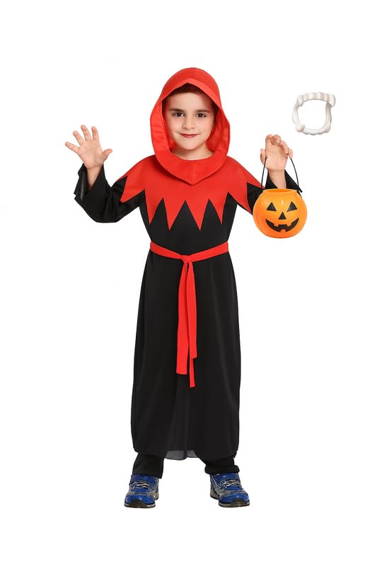 Kids Hooded Robe Costume with Treat Bucket, Red and Black