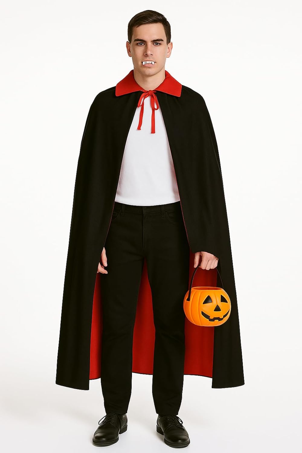 Vampire Cape with Pumpkin Bucket and Fangs, Free Size