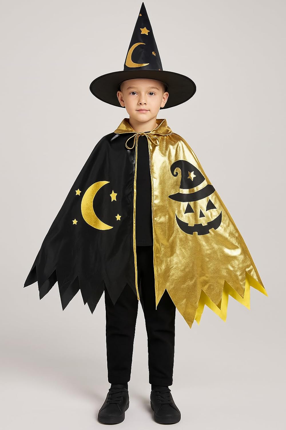 Wizard Costume Set with Hat and Cloak, Black and Gold