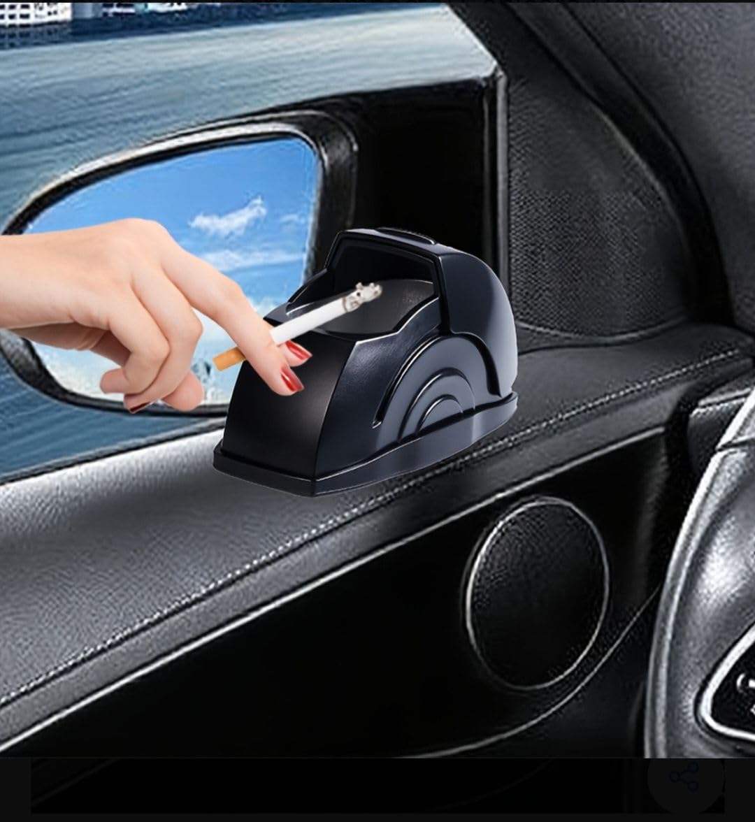 Car Ashtray with Curved Base, Adhesive Mount, Black