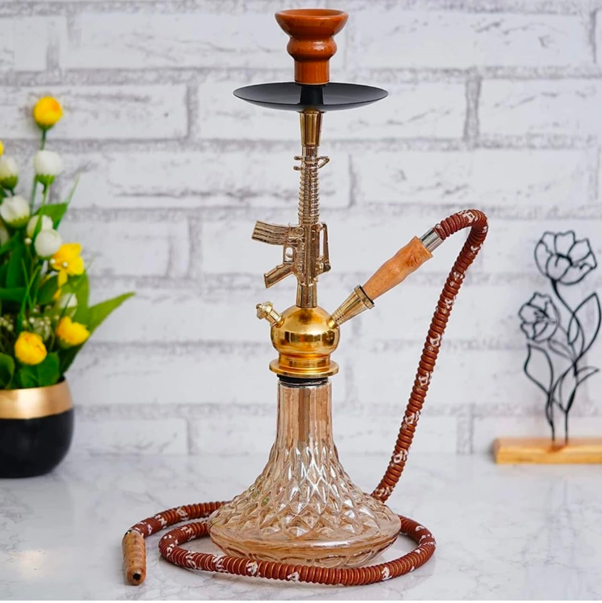 AK-47 Style Hookah, Gold Finish, Wooden Mouthpiece