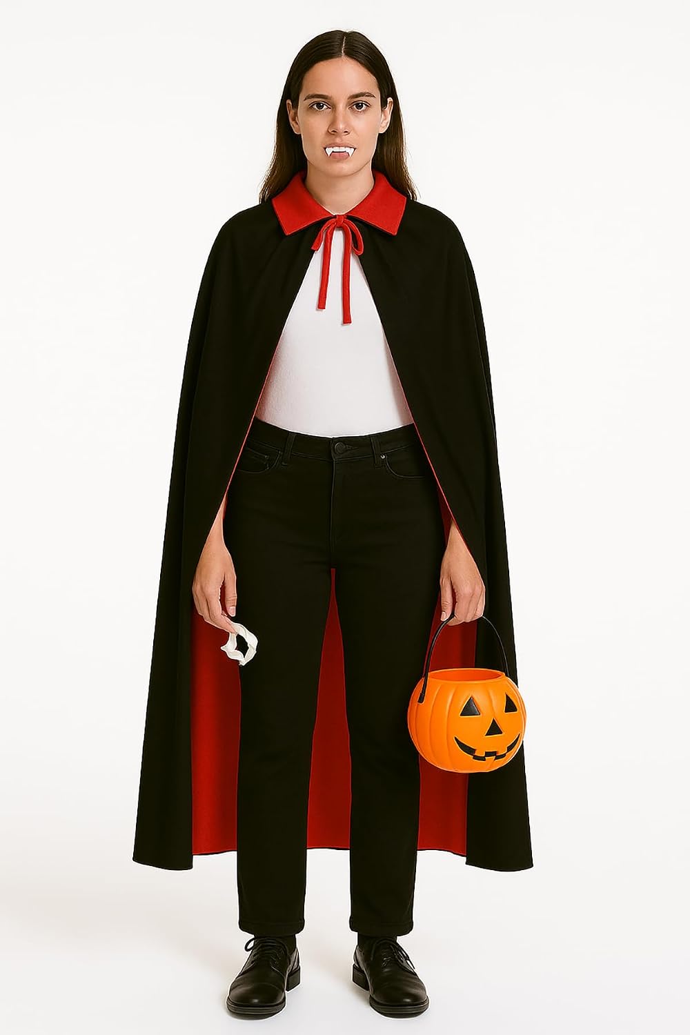 Vampire Cape with Pumpkin Bucket and Fangs, Free Size