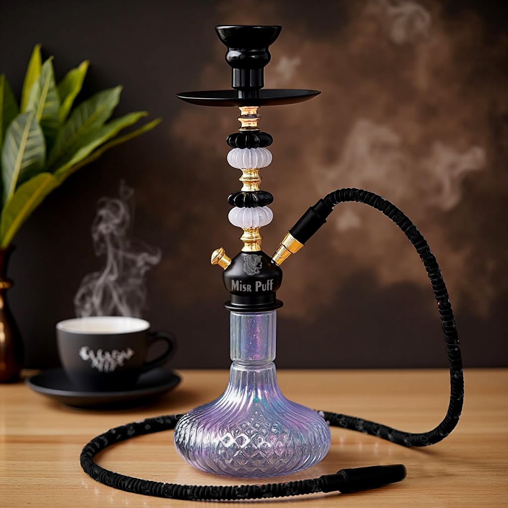 Rainbow Metallic Glass Hookah, Black and Gold Stem