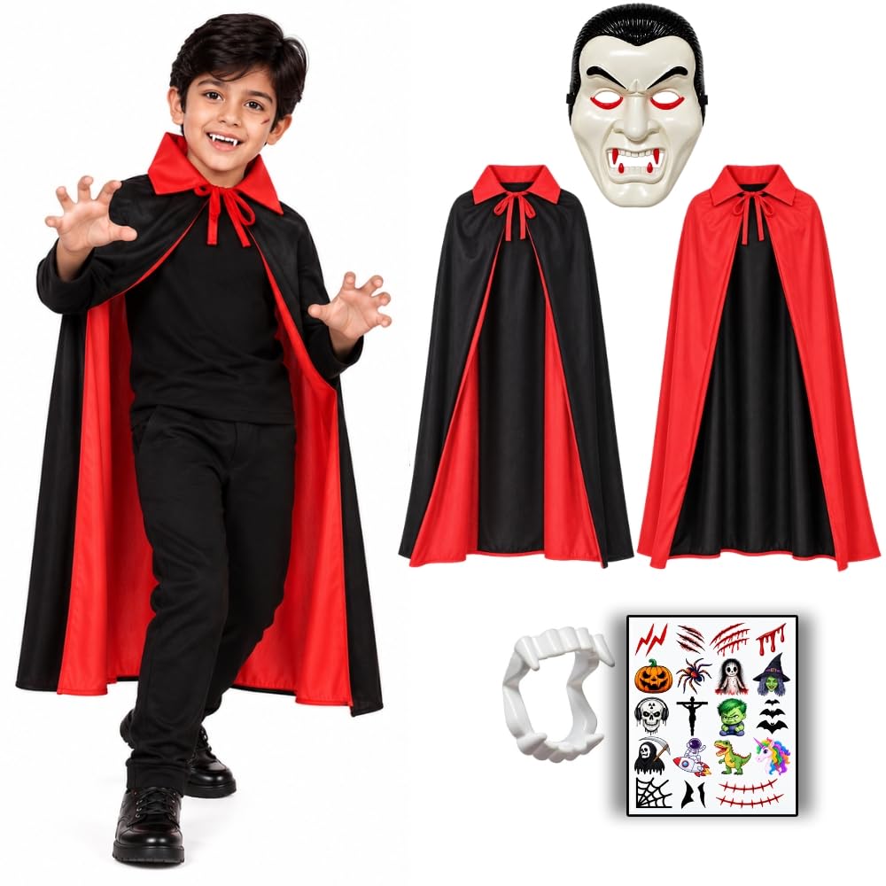 Vampire Costume Set with Reversible Cape, Mask and Fangs