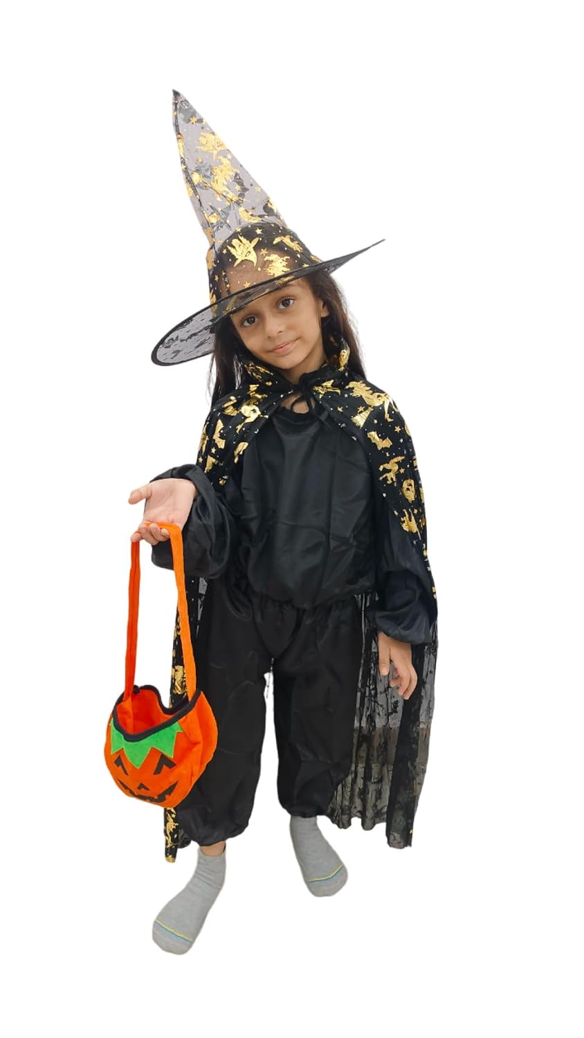 Gold and Black Witch Cape with Hat and Pumpkin Basket