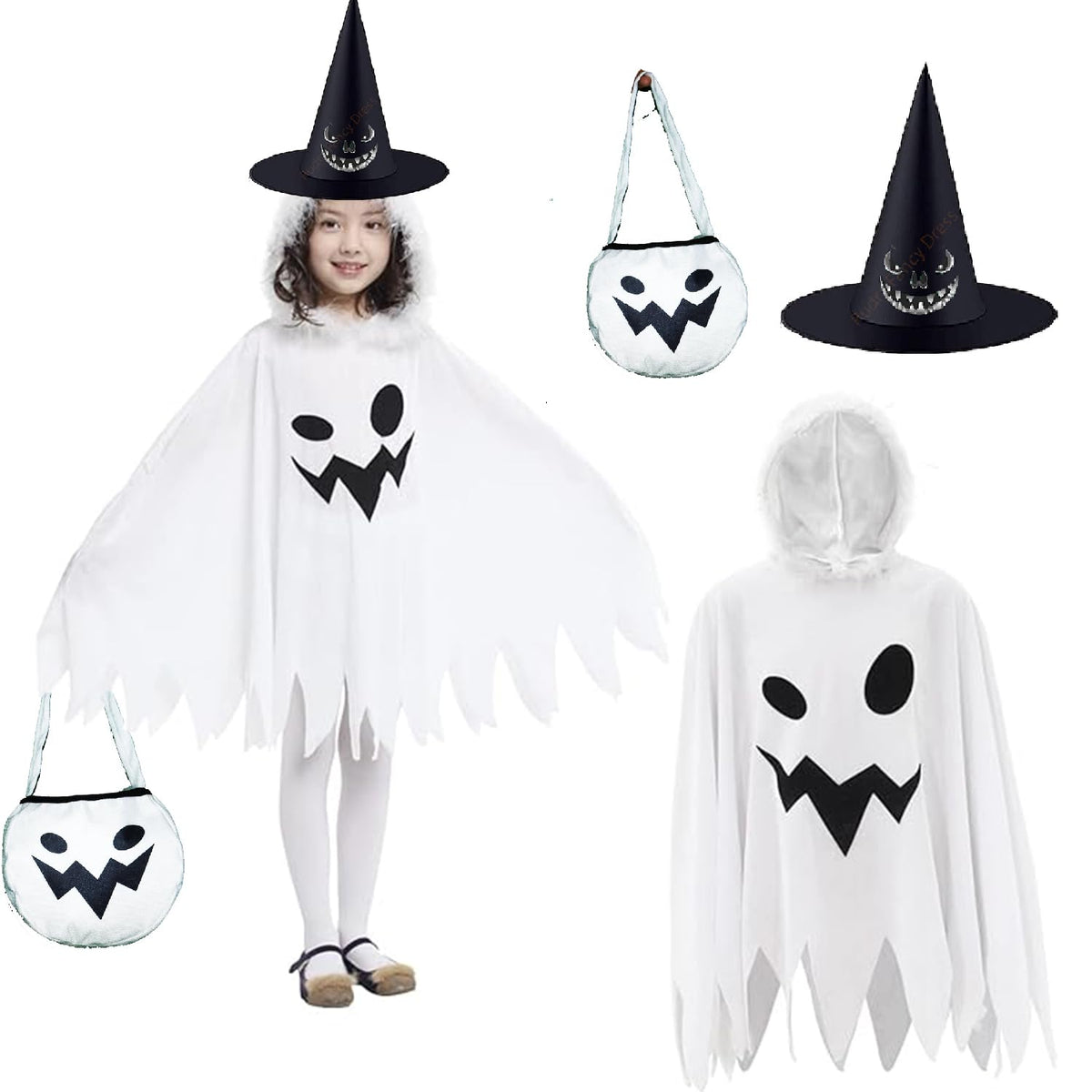 Kids Ghost Cape Costume with Witch Hat and Treat Bag