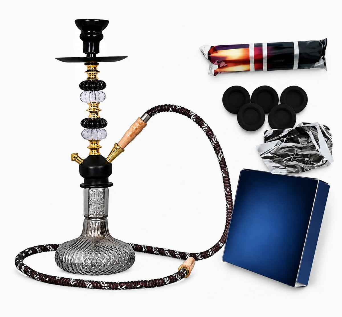 Russian Shaped Hookah, Black Floral Stem, 14 Inch
