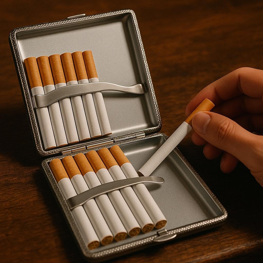 Faux Leather Metal Cigarette Case, Black, 10 Cigarettes