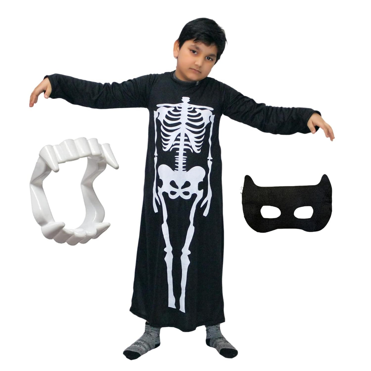 Skeleton Gown Costume with Mask and Teeth, 10-12 Years