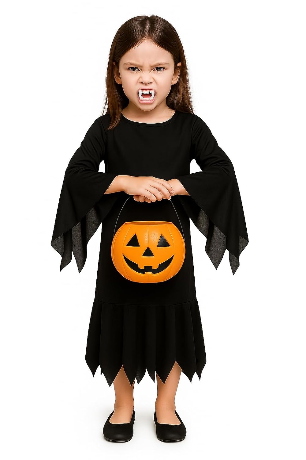 Girls Black Witch Dress with Pumpkin Treat Bucket