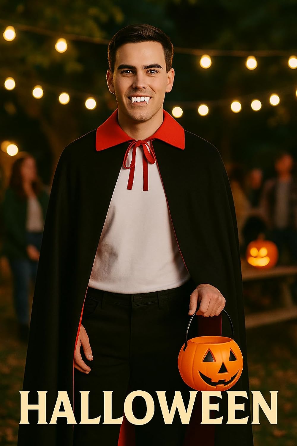 Vampire Cape with Pumpkin Bucket and Fangs, Free Size