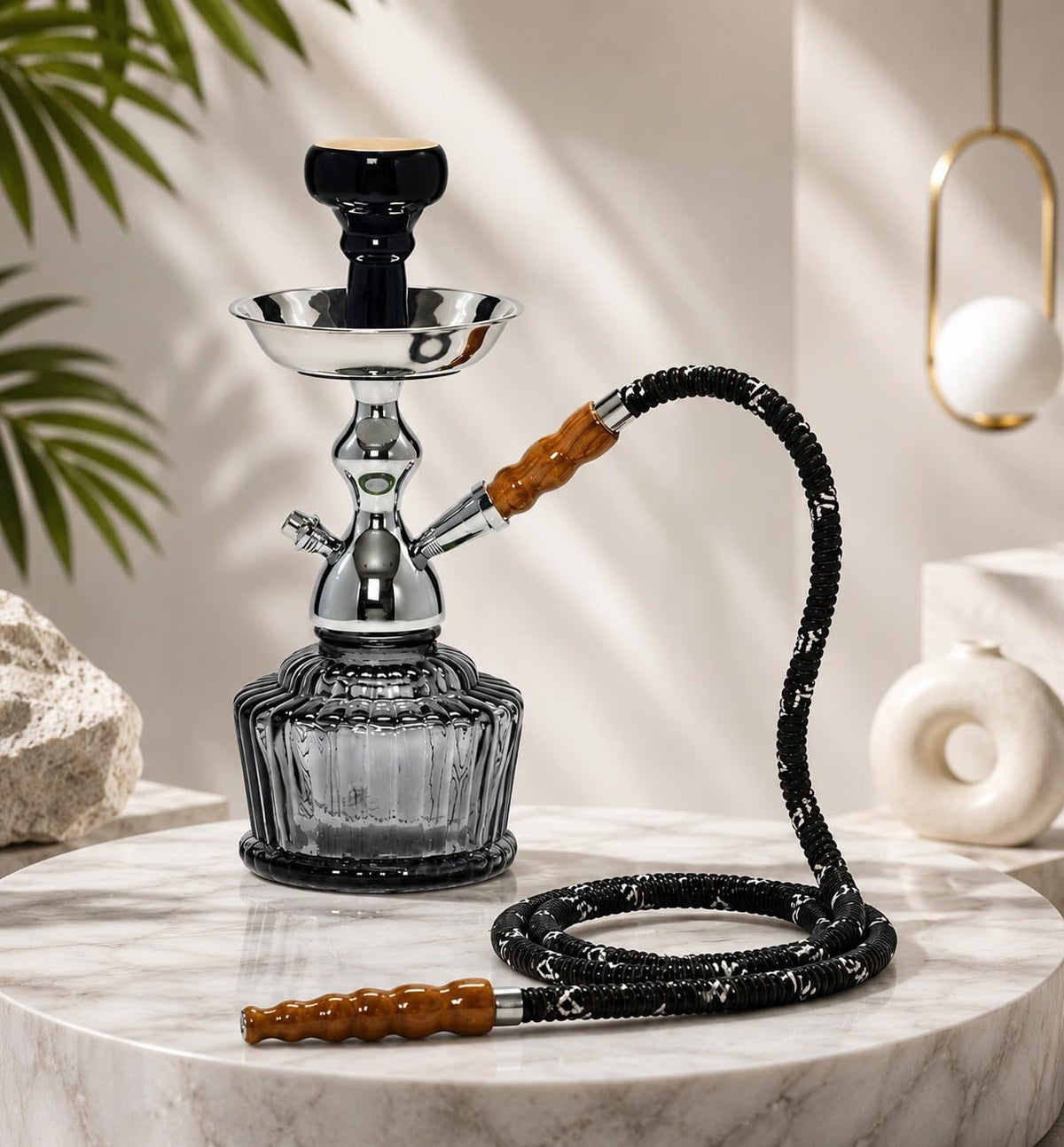 Hookah Set with Metal Plate, Black and Silver