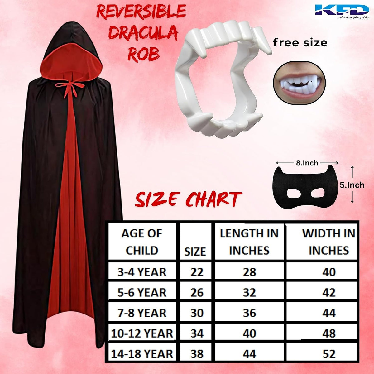 Dracula Reversible Cape, Fangs and Eye Mask Set, 5-6 Years