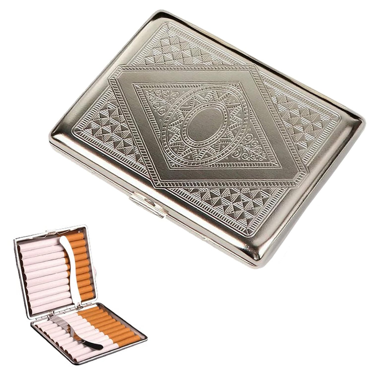 Silver Metal Cigarette Case, 20 Cigarettes, Double-Sided Spring Clip