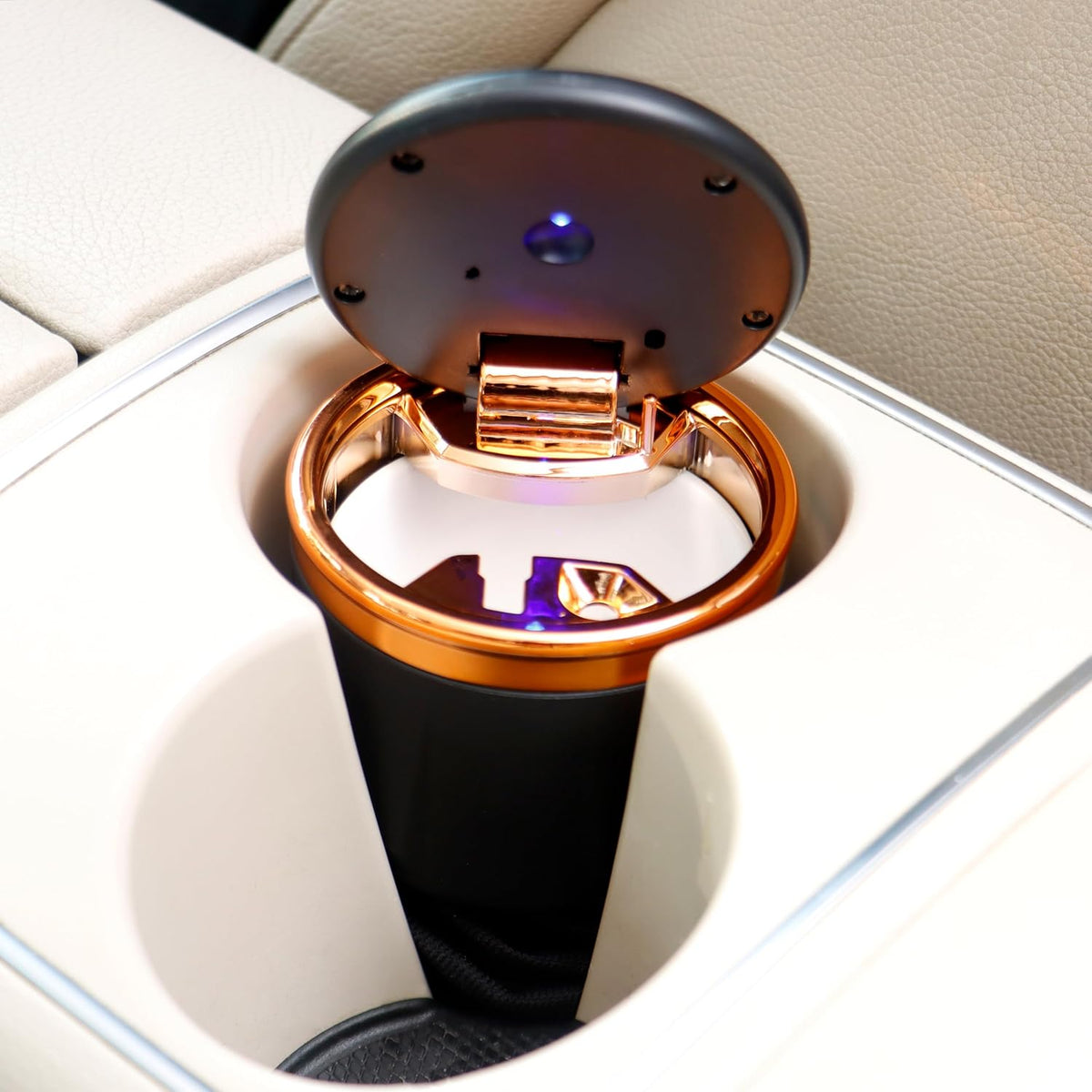 Car Ashtray with LED and Ceramic Liner, Copper
