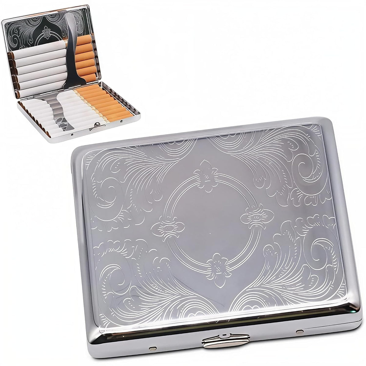 GUSTAVE Metal Cigarette Case, 84mm, Spring Clip, Silver