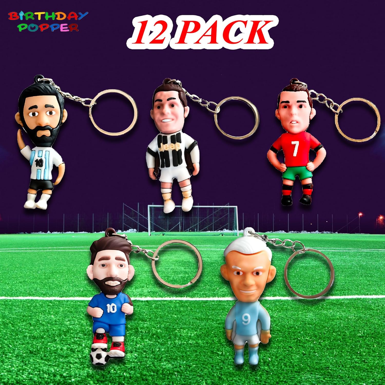 12-Piece Football Player Keychain Set – 3D Soccer Theme Birthday Return Gifts for Kids, Party Favor Pendant Keychains