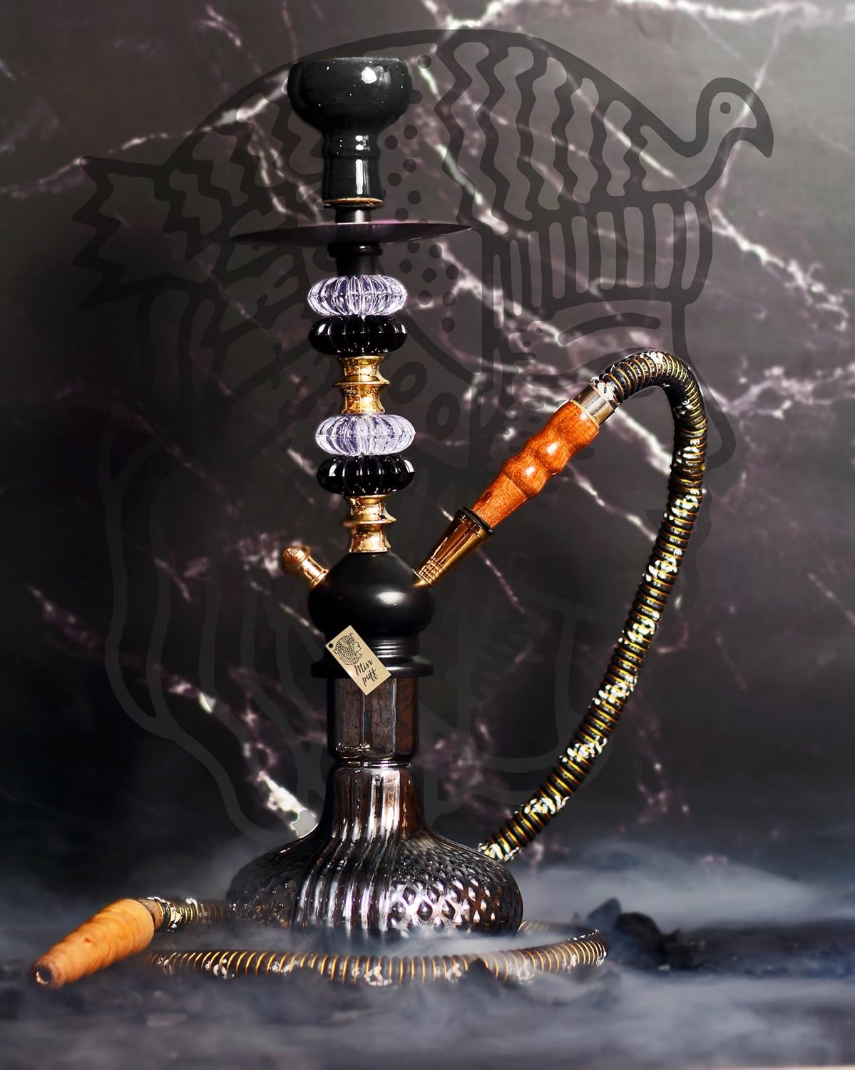 Russian Hookah, Black Glass, Crystal and Gold